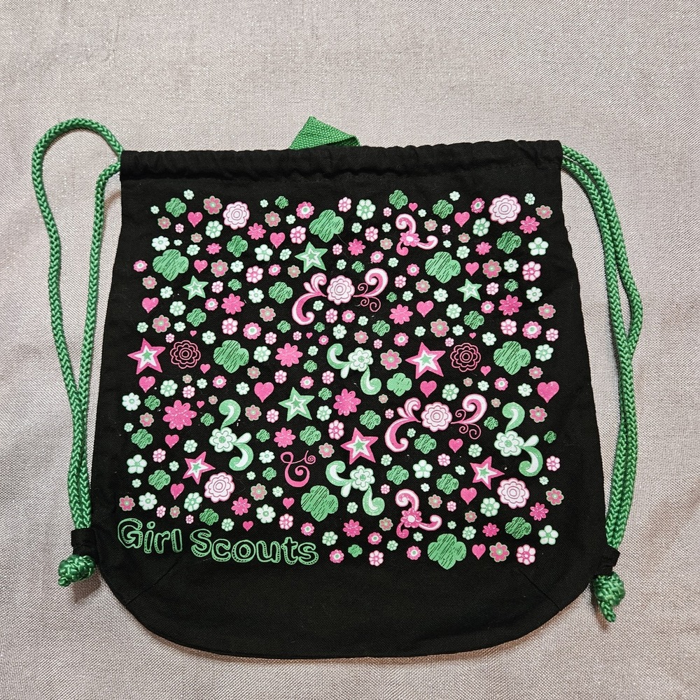 Girl Scouts Drawstring Bag Black Canvas Pink Green Floral Stars Print Washable